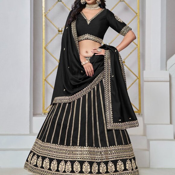 Bridal Wear Black Art Silk Embroidered Festive Lehenga Choli For Women - Picture 1 of 5